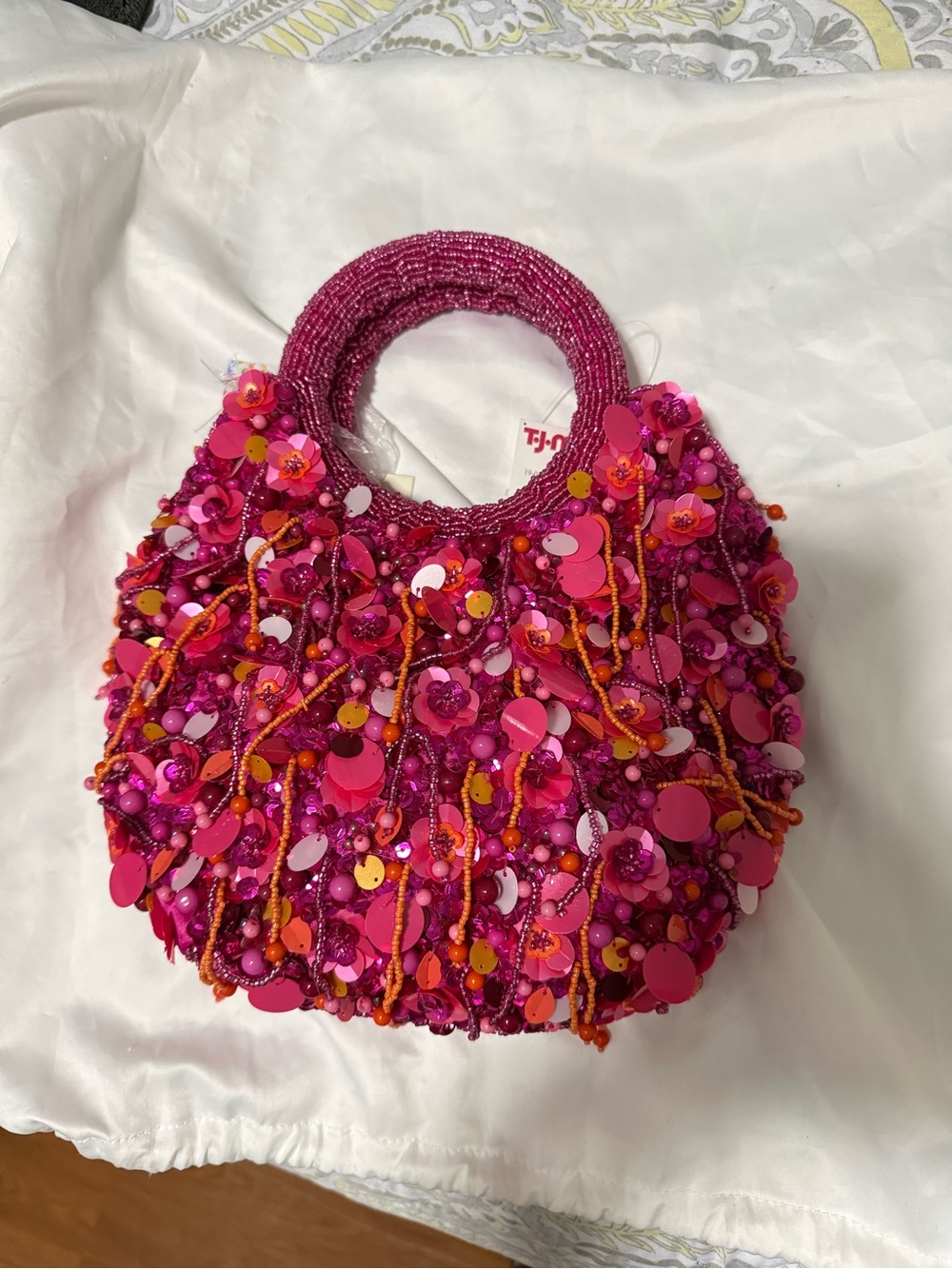 Beaded Floral Sequin Handbag - Pink